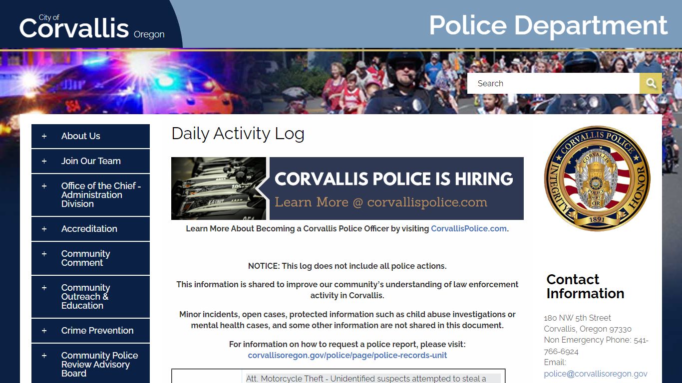 Daily Activity Log - Corvallis Oregon